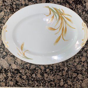 Vintage Puritain White China Oval Serving Platter In Wheat Japan 14”X 10.5”